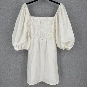 Tuckernuck Annie Linen Smocked Mini Dress Size S White Puff Sleeve Neutral Chic